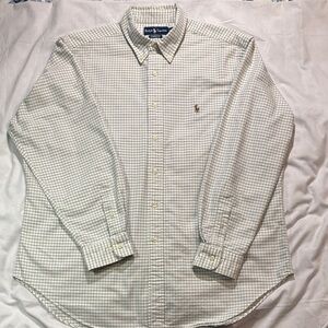Ralph Lauren Plaid Classic Fit Button Down White Green Cotton 17.5 Neck